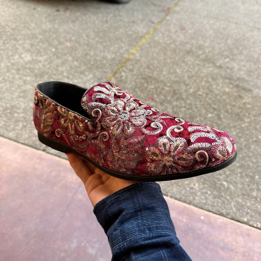 Santimon‎ Men's US 12 Red Velvet Silver Stitching Smoking Loafers Dress Shoes